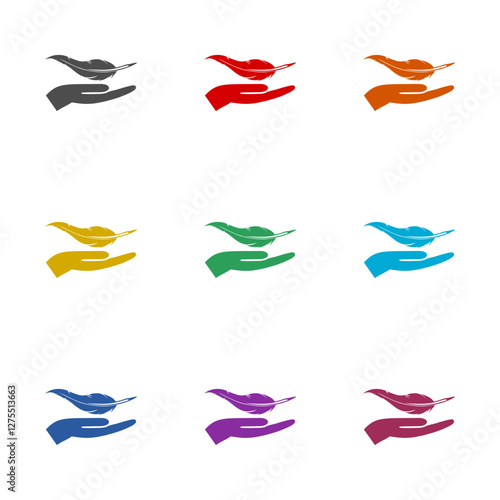 Lightweight Feather on Hand icon isolated on white background. Set icons colorful