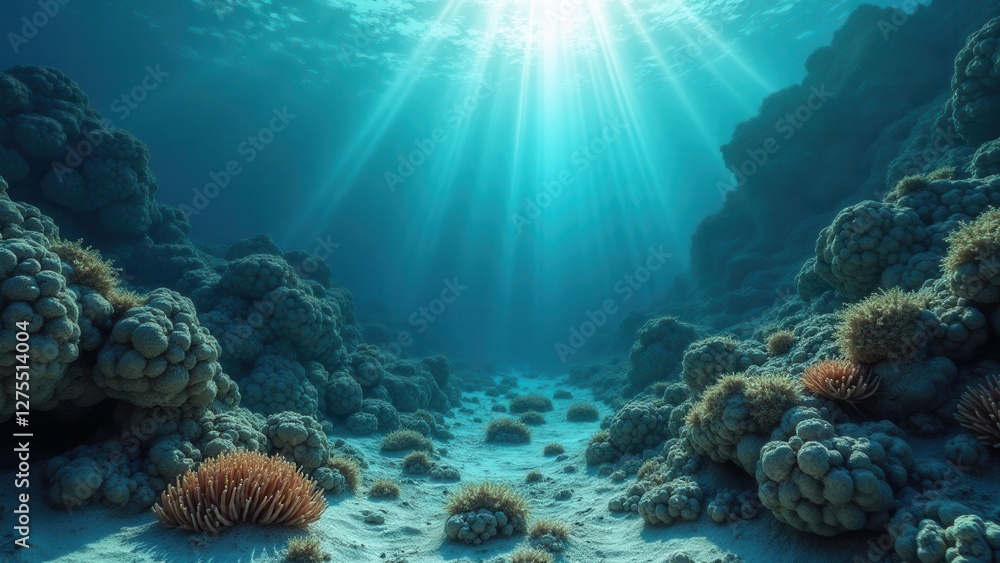 Fototapeta premium Underwater coral reef affected by coral bleaching with sunlight filtering in 
