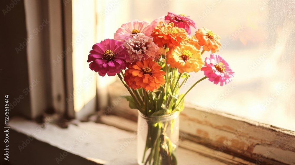 Bright and Cheerful Floral Arrangement in Sunlit Windowpane Bright and Cheerful Floral Arrangement in Sunlit Windowpane