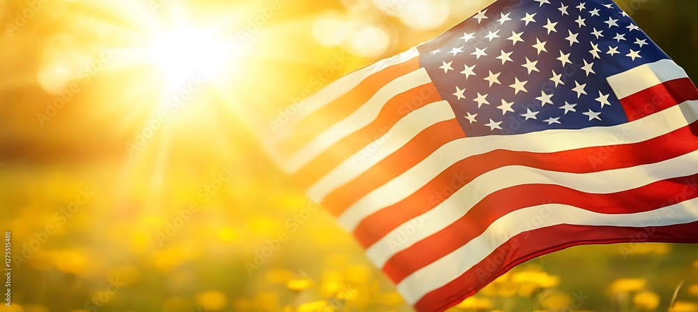 Obraz premium American Flag Waving in Golden Sunlight, Field of Yellow Flowers