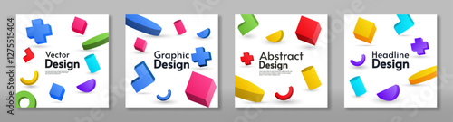 Modern abstract templates with colorful 3D geometric shapes on a white background. Perfect for posters, branding, and graphic design projects.