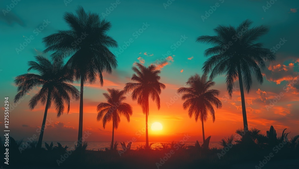 Silhouette palm trees sunset tropical paradise Silhouette palm trees sunset tropical paradise