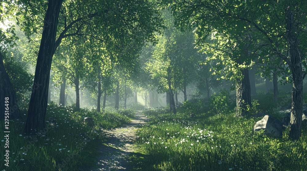 Naklejka premium Misty Forest Path: A Tranquil Walk Through Nature's Embrace