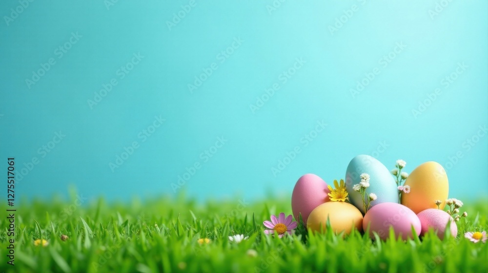 Pastel-colored eggs nestled in vibrant green grass against a serene blue backdrop, a spring-themed image perfect for seasonal celebrations and festive designs. Pastel-colored eggs nestled in vibrant green grass against a serene blue backdrop, a spring-themed image perfect for seasonal celebrations and festive designs.