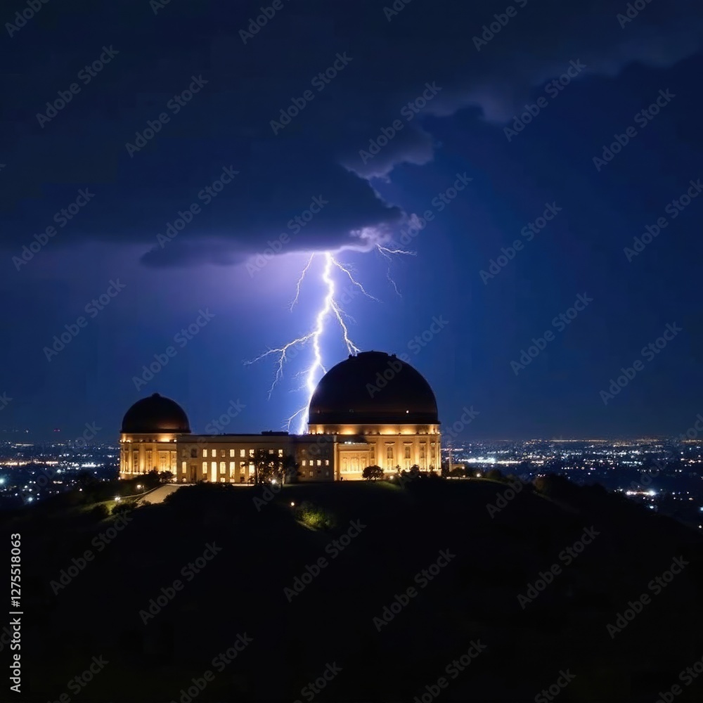 Obraz premium Darkened sky with lightning strike behind Griffith Observatory at night, lightning, Los Angeles, nighttime