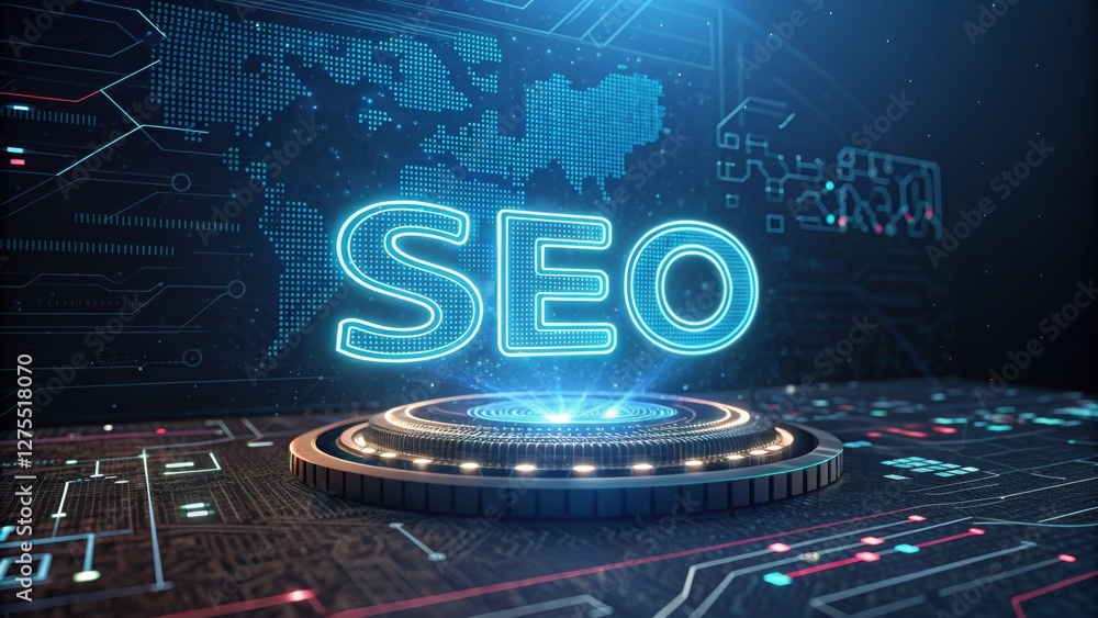 Fototapeta premium A futuristic representation of SEO, featuring glowing text and digital elements that emphasize search engine optimization in a tech-savvy environment.