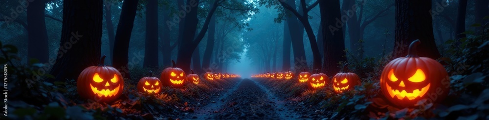 Obraz premium Dark forest path illuminated by jack-o-lanterns, light, , spooky