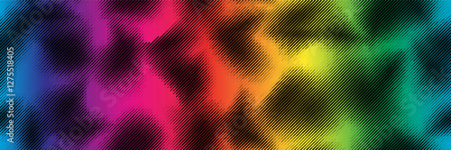 Abstract spots with slant halftone lines on rainbow bg as a seamless pattern. Black parallel thin stripes in organic shapes with optical moire effect. Vector illustration