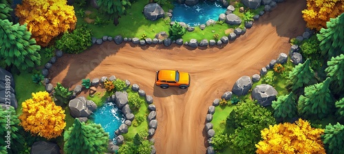 Orange suv at a crossroads in a cartoon forest