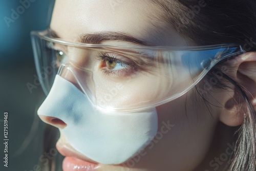 Woman with futuristic face mask and protective glasses photo