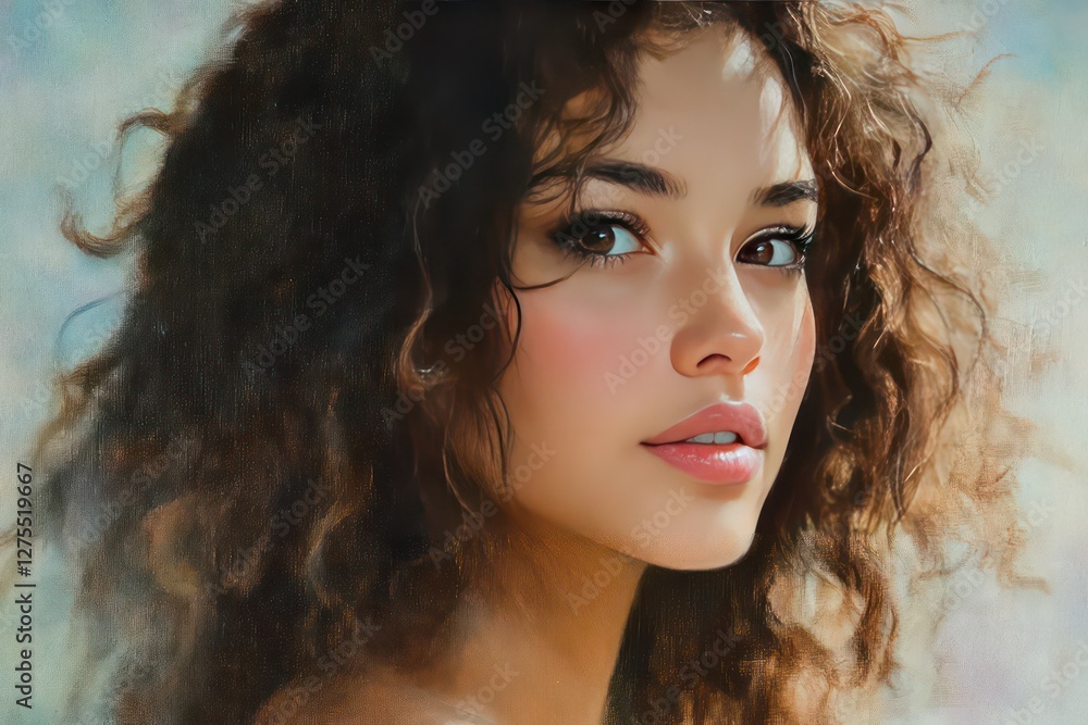 Naklejka premium dreamy portrait of a young woman with soft curls and a gentle, thoughtful gaze.
