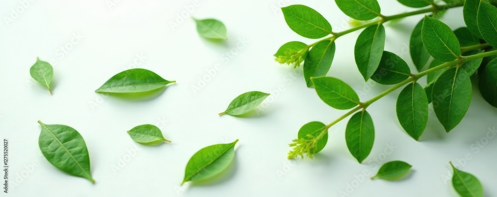 Delicate green leaves scattered on white surface, botanicals, botanical, plant Delicate green leaves scattered on white surface, botanicals, botanical, plant