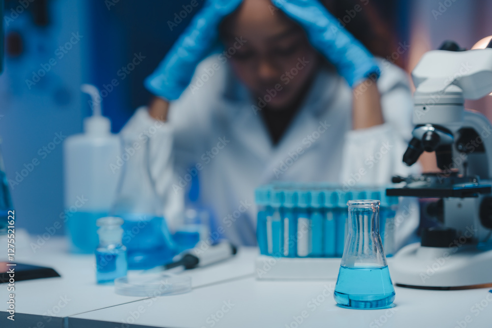 Stressed scientist in lab coat and gloves holding her head in hands with an erlenmeyer flask containing blue liquid in the foreground, microscope, test tubes, and other lab equipment on the desk Stressed scientist in lab coat and gloves holding her head in hands with an erlenmeyer flask containing blue liquid in the foreground, microscope, test tubes, and other lab equipment on the desk