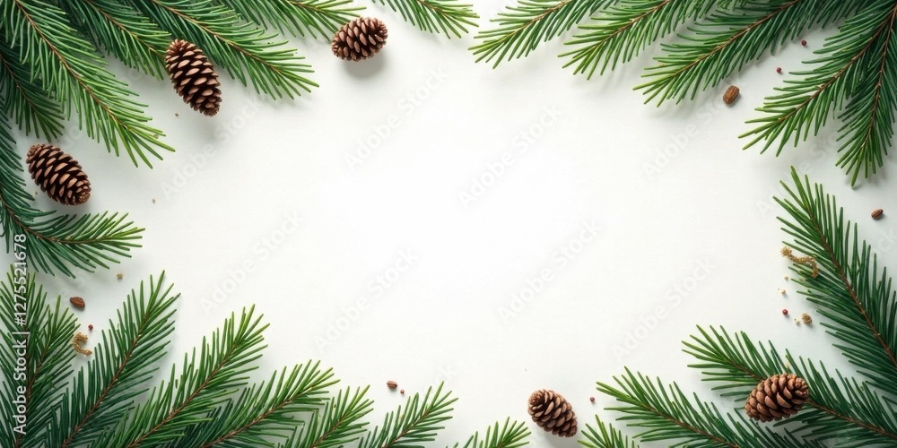 A Festive Frame of Evergreen Branches and Cones on a Pristine White Background, Perfect for Holiday Greetings or Seasonal Designs A Festive Frame of Evergreen Branches and Cones on a Pristine White Background, Perfect for Holiday Greetings or Seasonal Designs