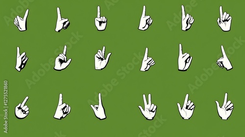 A collection of finger icons in a video sprite sheet format, featuring white fill with black outlines, set against a green background.