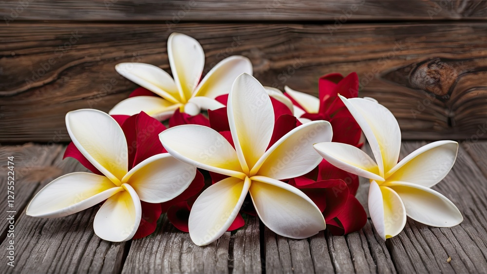 Aromatherapy spa arrangement featuring vibrant red and white frangipani flowers on a rustic wooden background highlighting vintage aesthetics. Aromatherapy spa arrangement featuring vibrant red and white frangipani flowers on a rustic wooden background highlighting vintage aesthetics.