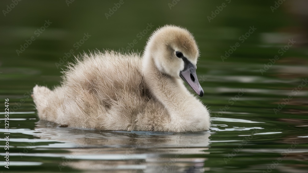 Cygnet of a Mute Swan gently floating on calm water with soft beige and white feathers, surrounded by a blurred green background. Cygnet of a Mute Swan gently floating on calm water with soft beige and white feathers, surrounded by a blurred green background.