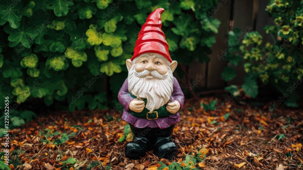 Obraz premium Whimsical garden gnome with a red pointed hat and purple outfit stands among vibrant greenery and autumn leaves in a serene outdoor setting