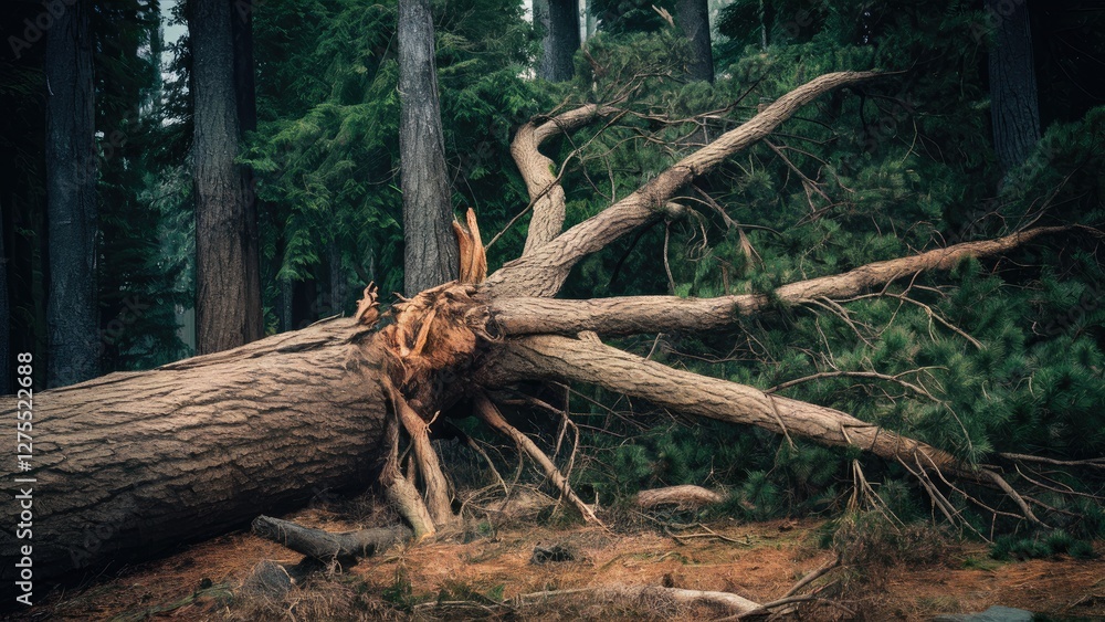 Fallen tree with exposed roots on forest floor surrounded by lush green foliage and towering trees in a serene woodland environment. Fallen tree with exposed roots on forest floor surrounded by lush green foliage and towering trees in a serene woodland environment.