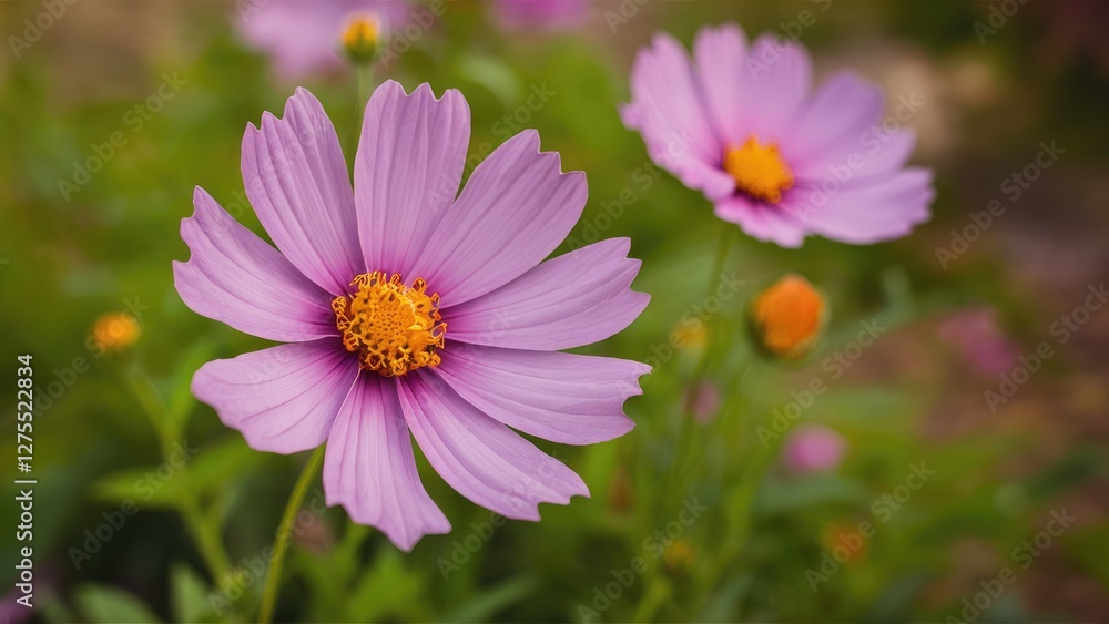 Vibrant cosmos flowers in soft pink hues with bright orange centers, blooming amidst lush green foliage in a natural garden setting. Vibrant cosmos flowers in soft pink hues with bright orange centers, blooming amidst lush green foliage in a natural garden setting.