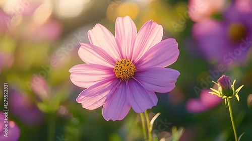 Close-up of blooming pink cosmos flower in sunny garden; blurred colorful background