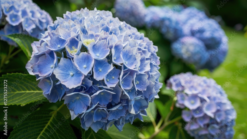 Nikko Blue hydrangea blossoms in a lush green garden setting with vibrant blue hues, showcasing circular clusters against a blurred background. Nikko Blue hydrangea blossoms in a lush green garden setting with vibrant blue hues, showcasing circular clusters against a blurred background.