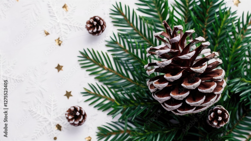 Christmas arrangement with white backdrop, green pine branches and brown pine cone, accented by golden stars, ideal for festive celebrations. Christmas arrangement with white backdrop, green pine branches and brown pine cone, accented by golden stars, ideal for festive celebrations.