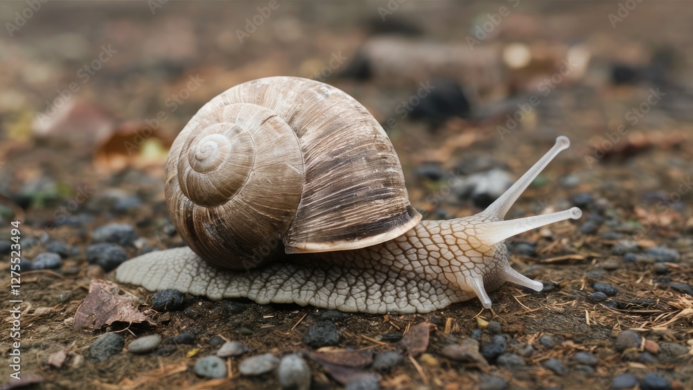 Snail crawling on a textured ground with brown and gray pebbles showcasing a detailed brown spiral shell and soft beige body in a natural environment Snail crawling on a textured ground with brown and gray pebbles showcasing a detailed brown spiral shell and soft beige body in a natural environment