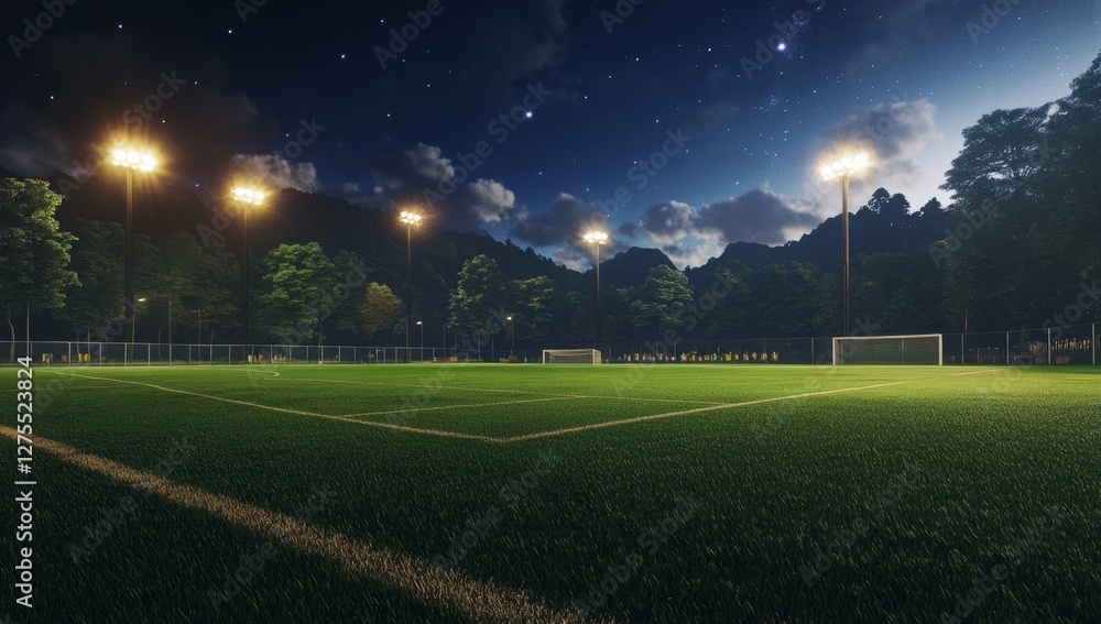 Night soccer field, mountain backdrop, floodlights, game Night soccer field, mountain backdrop, floodlights, game