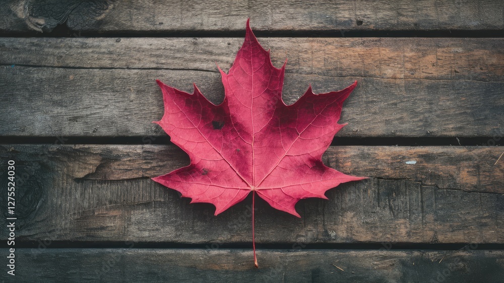 Vibrant red maple leaf centered on a rustic wooden surface with rich textures emphasizing autumn beauty and nature's elegance. Vibrant red maple leaf centered on a rustic wooden surface with rich textures emphasizing autumn beauty and nature's elegance.