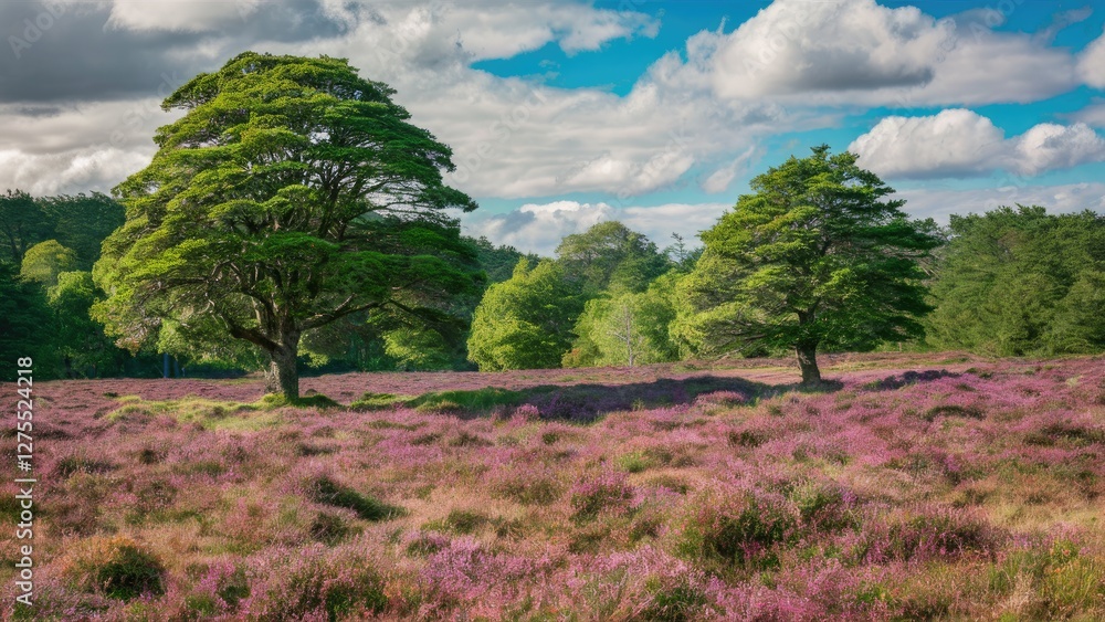 Vibrant summer landscape with two green trees amidst a purple heather field under a bright blue sky with white clouds creating tranquility. Vibrant summer landscape with two green trees amidst a purple heather field under a bright blue sky with white clouds creating tranquility.