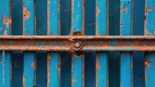 Aged rusty metal fence with blue and teal vertical stripes showing corrosion and peeling paint, central focus on the rusted metal bar. photo