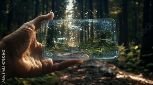 Fototapeta Naklejka Na Ścianę i Meble -  A hand holding an smartphone with a transparent glass screen, displaying a forest path in augmented reality. The scene includes a forest clearing, sunlight, and magical light effects.