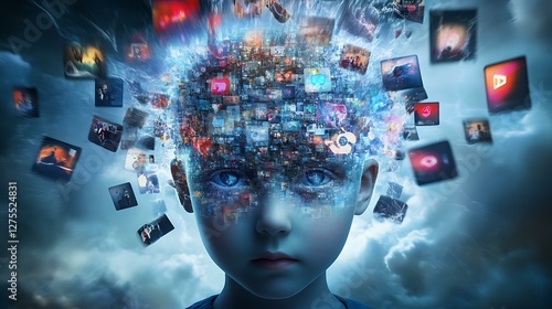 Concept image illustrating how social media impacts children's brains, with digital elements blending into a child's head.