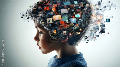 Concept image illustrating how social media impacts children's brains, with digital elements blending into a child's head.