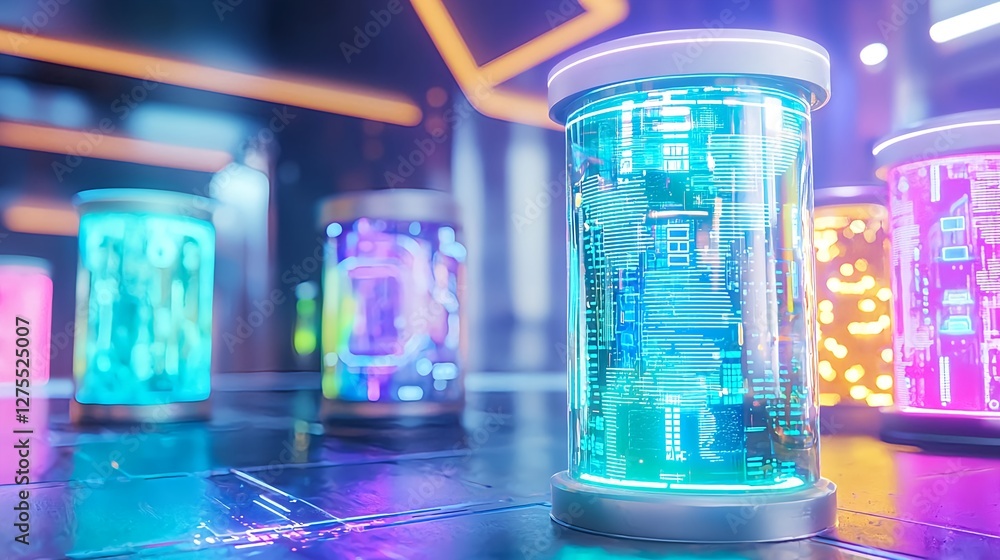 Futuristic Technology, Artificial Intelligence, and Data Storage Concept with Glowing Containers