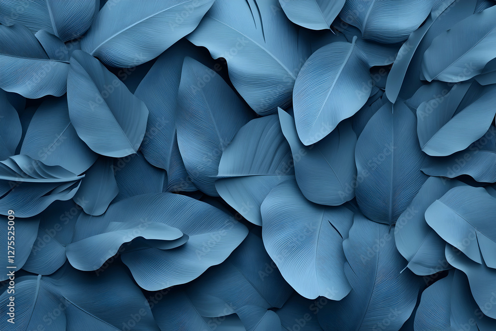 3D rendering of tropical leaves in a monochrome blue color on a gradient background 3D rendering of tropical leaves in a monochrome blue color on a gradient background