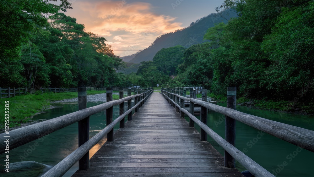 Tranquil wooden bridge over a calm river at sunset with lush green foliage and mountains in the background illuminated by warm golden light Tranquil wooden bridge over a calm river at sunset with lush green foliage and mountains in the background illuminated by warm golden light