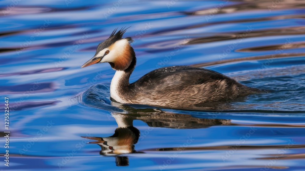 Great Crested Grebe swimming on calm blue water with soft reflections and vibrant blue tones in a serene natural setting. Great Crested Grebe swimming on calm blue water with soft reflections and vibrant blue tones in a serene natural setting.