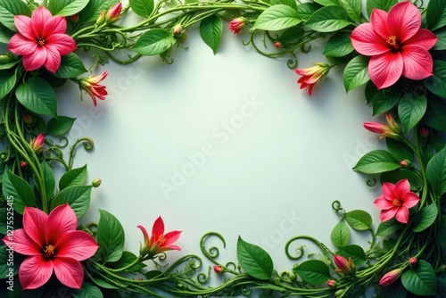 Exotic flower clusters entwined with curly greenery and long vines, leafy greens,