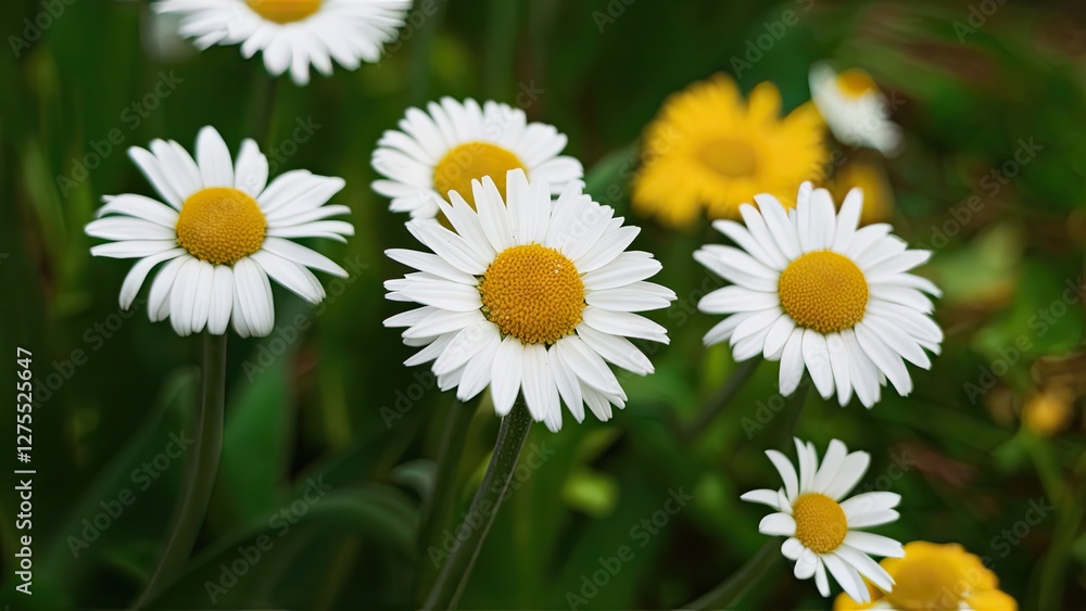 Vibrant white daisies with yellow centers growing amongst lush green foliage creating a colorful natural arrangement against a blurred background Vibrant white daisies with yellow centers growing amongst lush green foliage creating a colorful natural arrangement against a blurred background