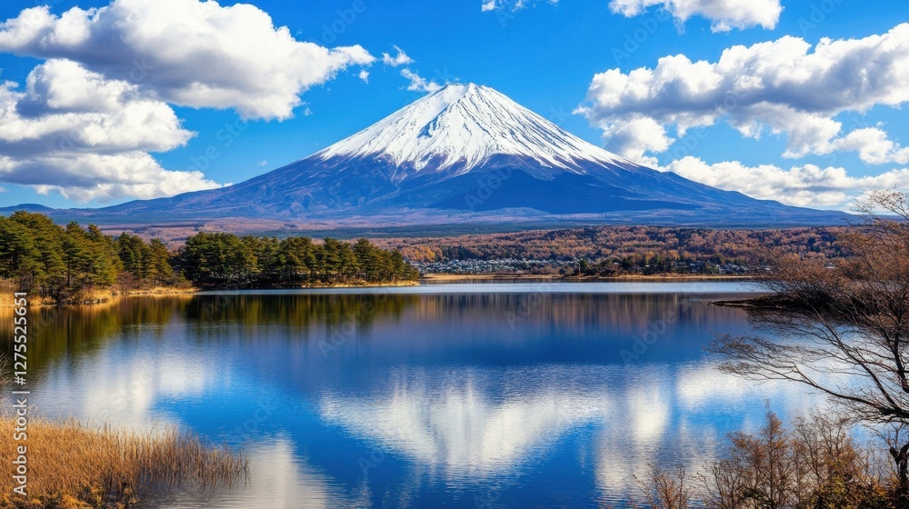 A breathtaking view of Mount Fuji at sunrise, reflecting on a serene lake surrounded by lush greenery.
A breathtaking view of Mount Fuji at sunrise, reflecting on a serene lake surrounded by lush greenery.