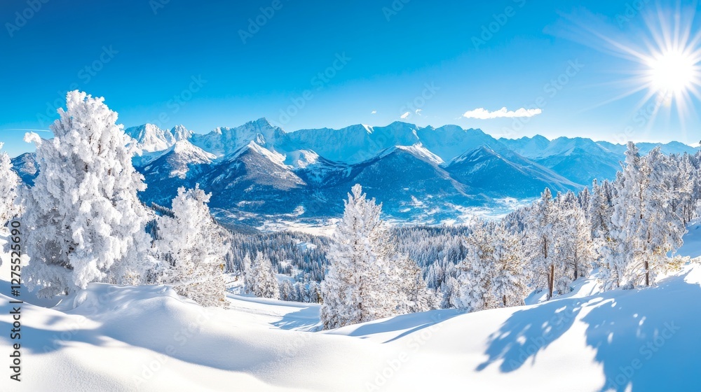 Fototapeta premium Snowy pine trees in mountain landscape. Vector illustration