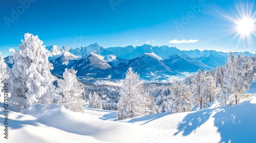 Wallpaper Mural Snowy pine trees in mountain landscape. Vector illustration Torontodigital.ca