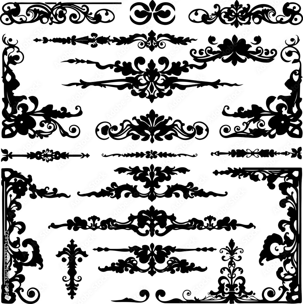 a collection of ornate, black, filigree line dividers, likely for graphic design a collection of ornate, black, filigree line dividers, likely for graphic design