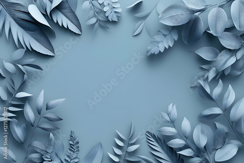 3D rendering of tropical leaves in a monochrome blue color on a gradient background