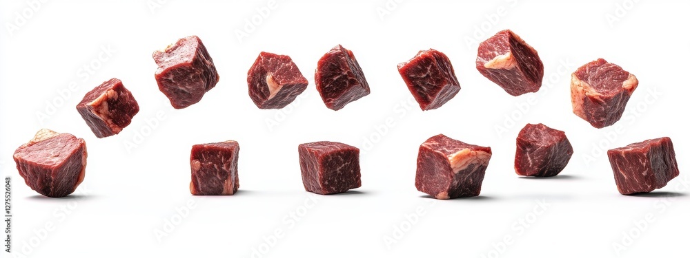 Beef cubes soaring in various directions, isolated on a clean background for culinary creativity.