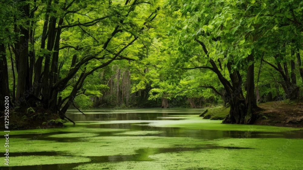 Lush green pond covered with duckweed surrounded by tall trees reflecting vibrant shades of green under soft natural light. Lush green pond covered with duckweed surrounded by tall trees reflecting vibrant shades of green under soft natural light.