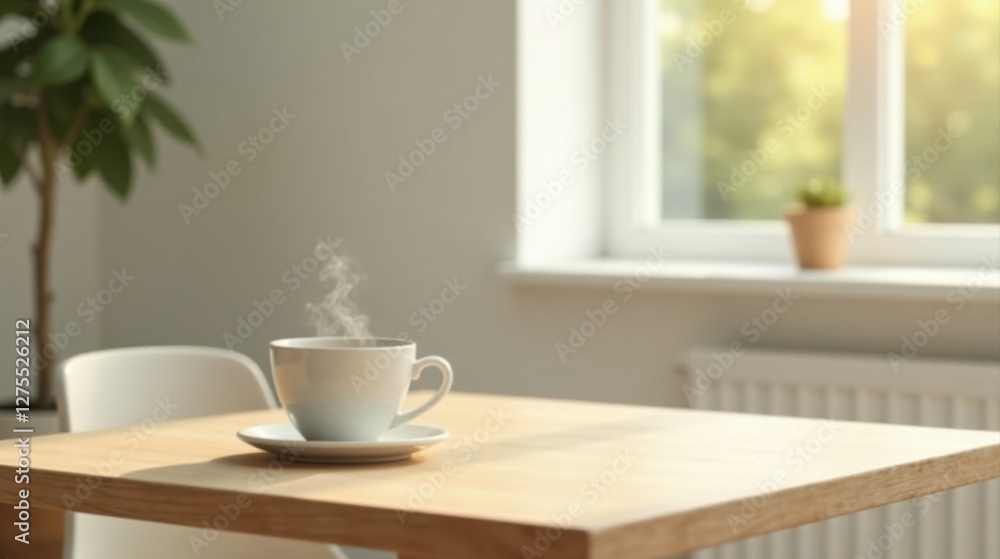 A steaming cup of morning beverage rests on a light wood table, sunlight streams through a nearby window, peaceful morning scene A steaming cup of morning beverage rests on a light wood table, sunlight streams through a nearby window, peaceful morning scene