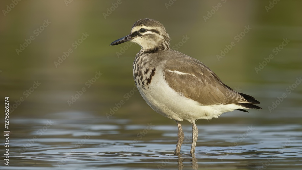 Brown and white bird standing in shallow water with a soft green background on the left side, showcasing intricate feather patterns and serene environment. Brown and white bird standing in shallow water with a soft green background on the left side, showcasing intricate feather patterns and serene environment.